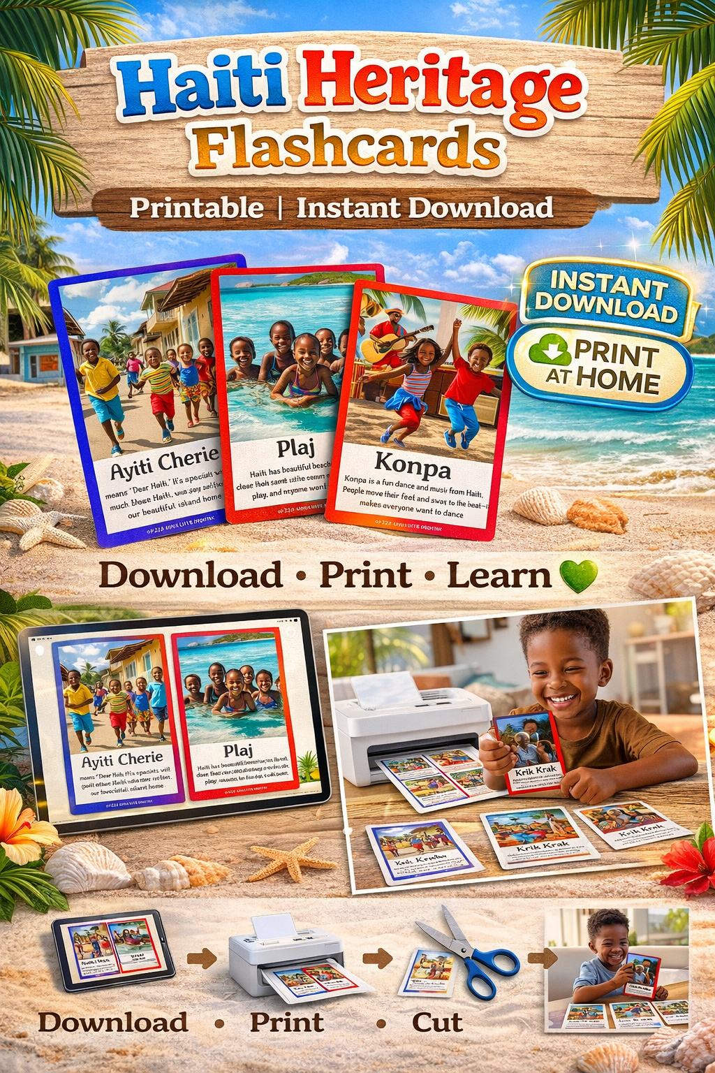 16 Haiti Heritage Flashcards for Kids (Digital Download) | Culture & Language Learning Cards