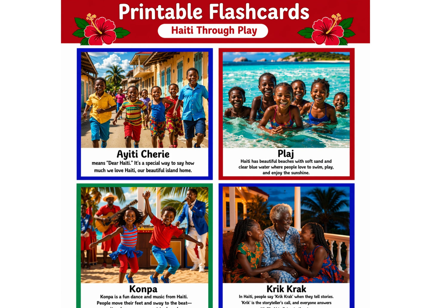 16 Haiti Heritage Flashcards for Kids (Digital Download) | Culture & Language Learning Cards